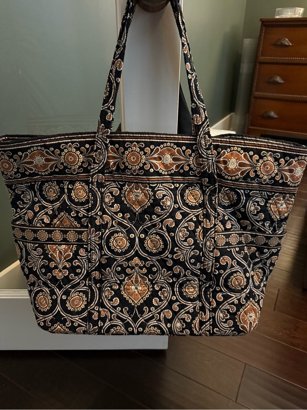 Vera Bradley Black Quilted Tote with Tan Floral Scrolls
